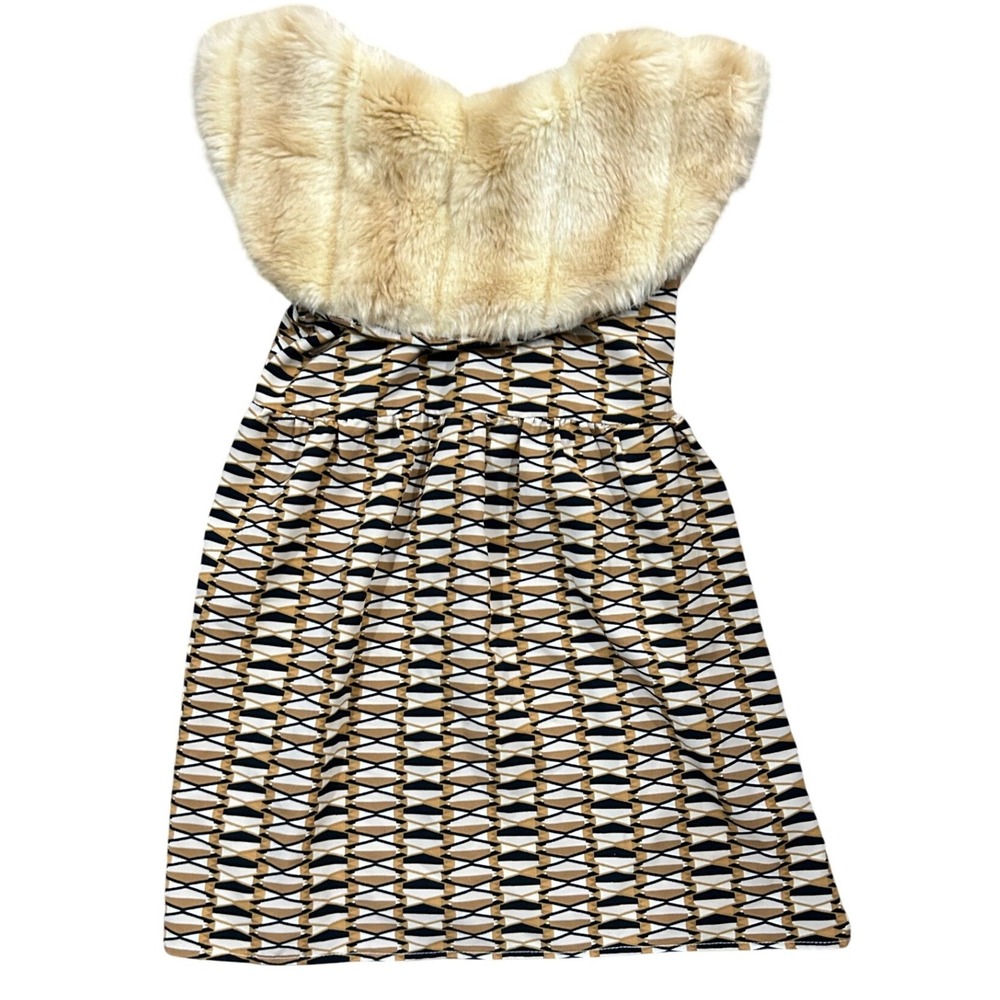 Kensington‎ Lane Kids Geometric Faux Fur Collar Dress Tan Black White Handmade